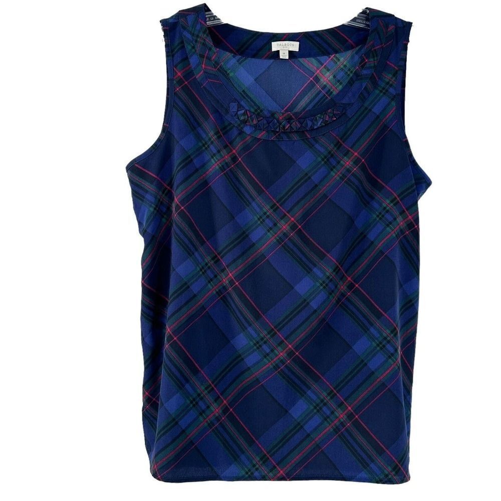 Talbots Plaid Top Blue Sleeveless Round Neck Size M Pin Tucked Classic Preppy
